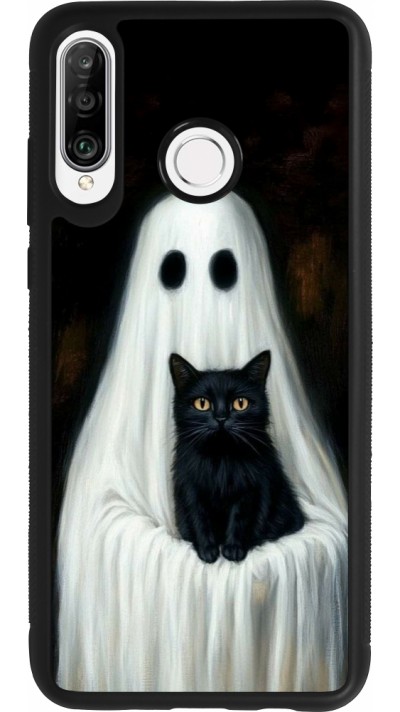 Coque Huawei P30 Lite - Silicone rigide noir Halloween 2025 Ghost with black cat