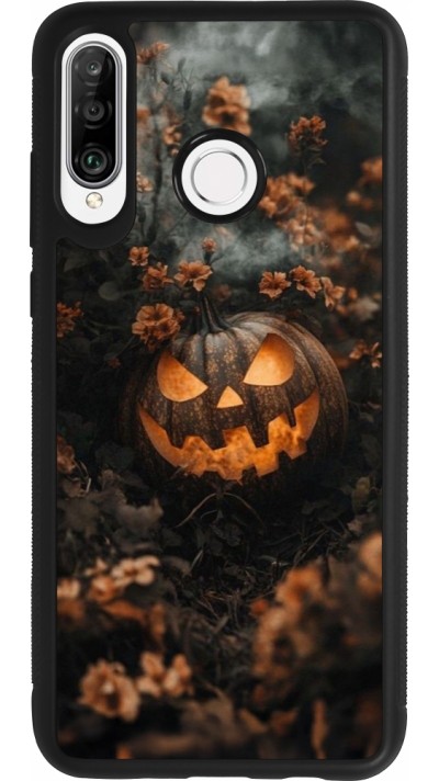 Coque Huawei P30 Lite - Silicone rigide noir Halloween 2025 Pumpkin with flowers