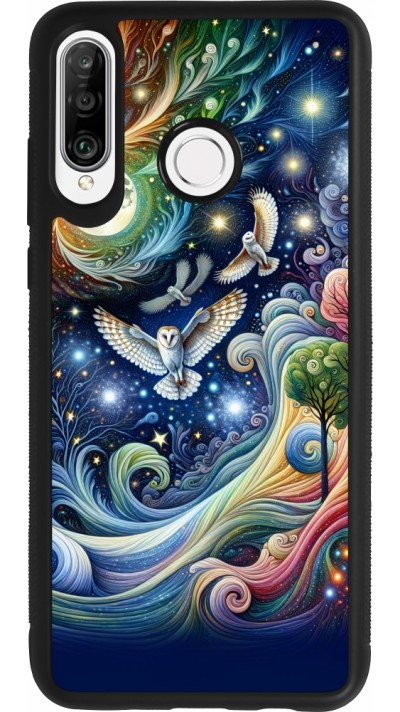 Coque Huawei P30 Lite - Silicone rigide noir hibou volant floral