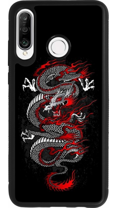 Coque Huawei P30 Lite - Silicone rigide noir Japanese style Dragon Tattoo Red Black