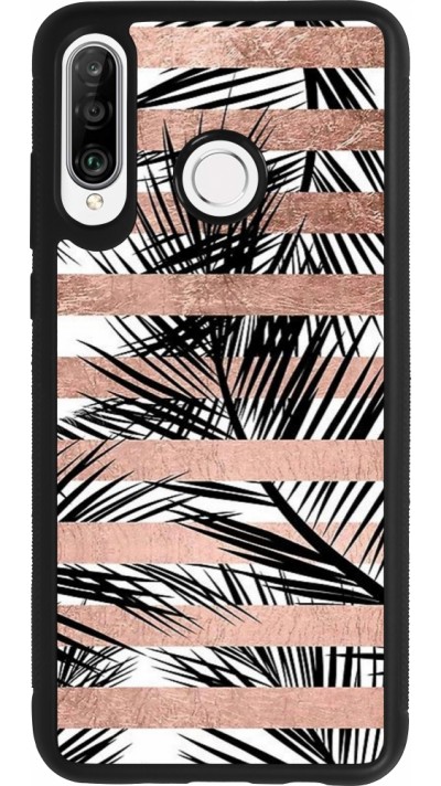 Coque Huawei P30 Lite - Silicone rigide noir Palm trees gold stripes