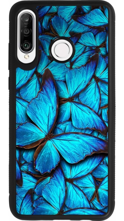 Coque Huawei P30 Lite - Silicone rigide noir Papillon bleu