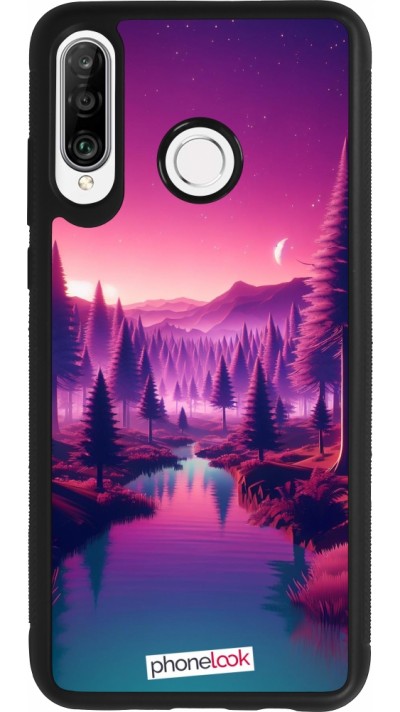 Coque Huawei P30 Lite - Silicone rigide noir Paysage Violet-Rose