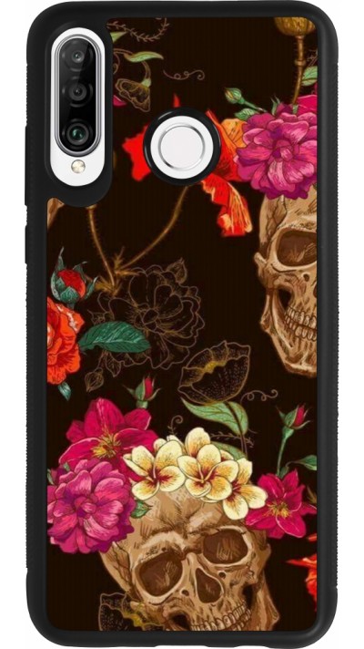 Coque Huawei P30 Lite - Silicone rigide noir Skulls and flowers