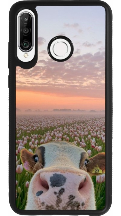 Huawei P30 Lite Case Hülle - Silikon schwarz Cow with tulips Spring 2026
