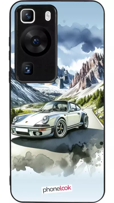 Coque Huawei P60 - Silicone rigide noir Porsche 911 Mountain Watercolor