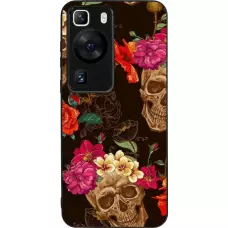 Coque Huawei P60 - Silicone rigide noir Skulls and flowers