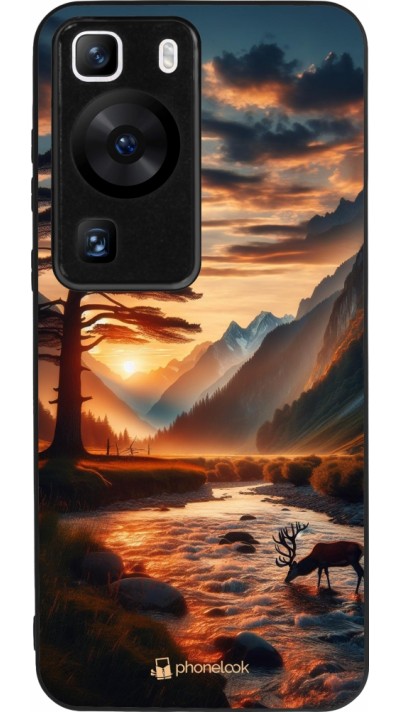Coque Huawei P60 - Silicone rigide noir Valley Sunset Deer Tree
