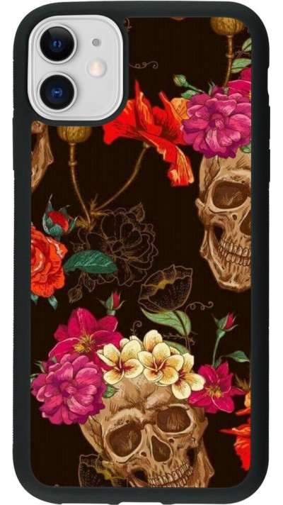 Coque iPhone 11 - Silicone rigide noir Skulls and flowers