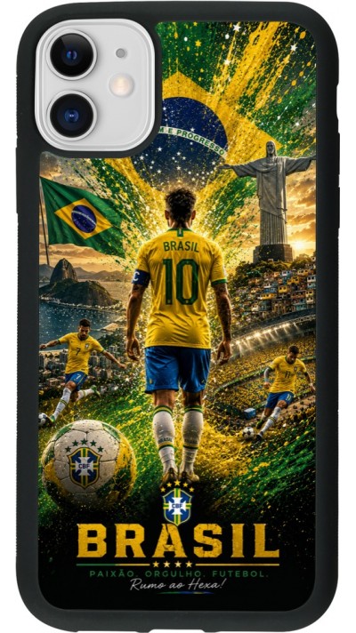 Coque iPhone 11 - Silicone rigide noir Football Brésil splash 2026