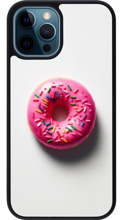 iPhone 12 / 12 Pro Case Hülle - Silikon schwarz Weisser Hintergrund, pinker Donut