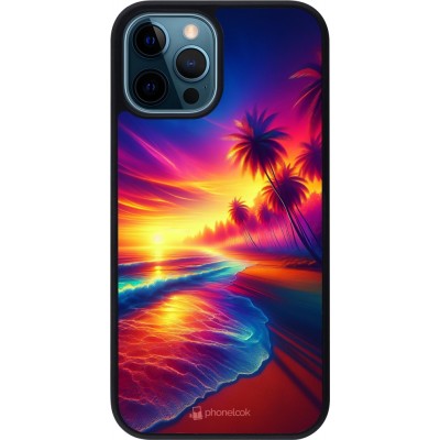iPhone 12 / 12 Pro Case Hülle - Silikon schwarz Strand Sonnenuntergang auffällig