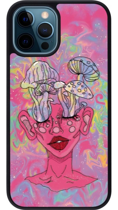 iPhone 12 / 12 Pro Case Hülle - Silikon schwarz Psychedelic pink mushroom