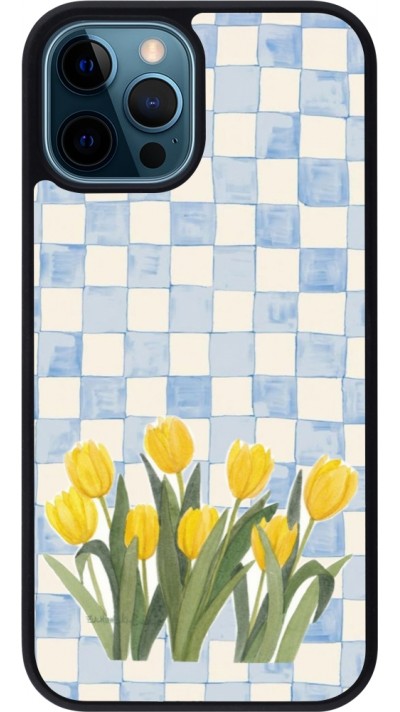 Coque iPhone 12 / 12 Pro - Silicone rigide noir Blue vichy tulips Spring 2026