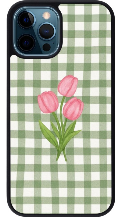 Coque iPhone 12 / 12 Pro - Silicone rigide noir Green vichy tulips Spring 2026