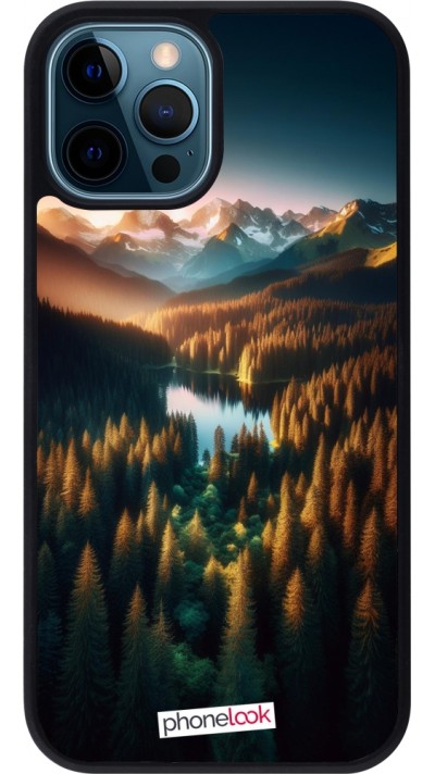 iPhone 12 / 12 Pro Case Hülle - Silikon schwarz Sonnenuntergang Waldsee