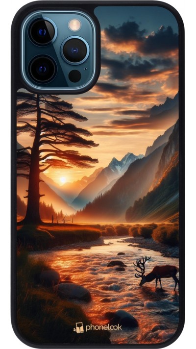 iPhone 12 / 12 Pro Case Hülle - Silikon schwarz Tal Sonnenuntergang Hirsch Baum