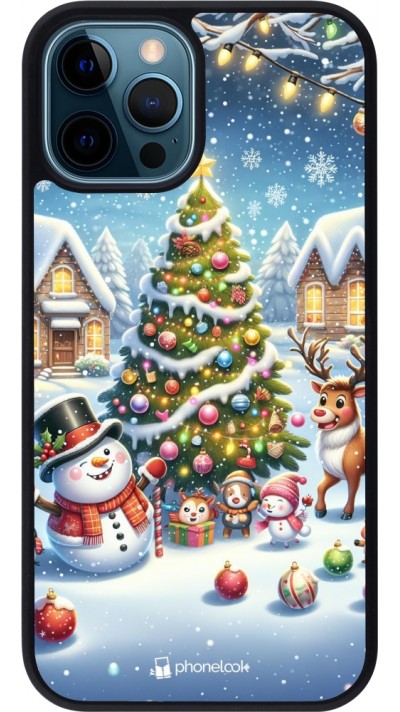 iPhone 12 / 12 Pro Case Hülle - Silikon schwarz Weihnachten 2023 Schneemann und Tannenbaum