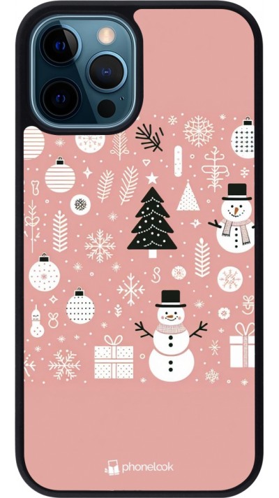 iPhone 12 / 12 Pro Case Hülle - Silikon schwarz Weihnachten 2024 Rose Schneemann Weihnachten