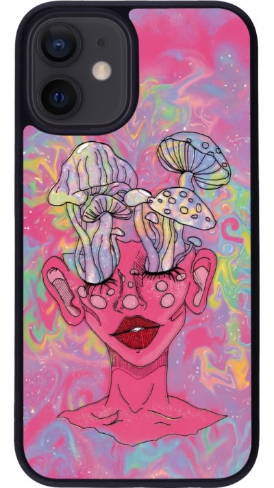 iPhone 12 mini Case Hülle - Silikon schwarz Psychedelic pink mushroom