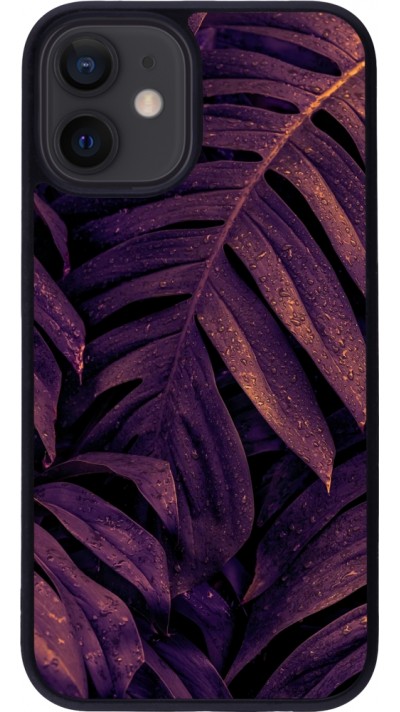 iPhone 12 mini Case Hülle - Silikon schwarz Purple Light Leaves