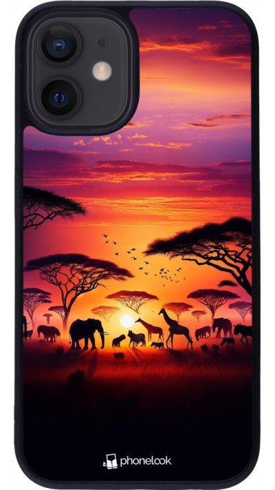 iPhone 12 mini Case Hülle - Silikon schwarz Safari Sonnenuntergang Wildtiere
