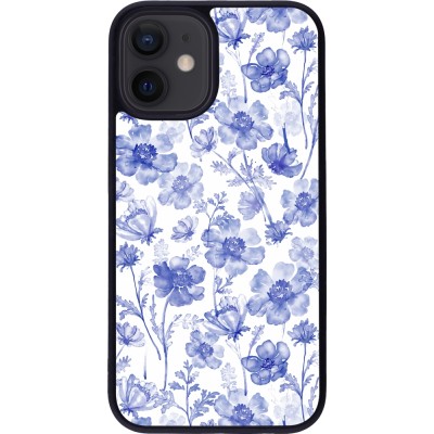 iPhone 12 mini Case Hülle - Silikon schwarz Spring 23 watercolor blue flowers