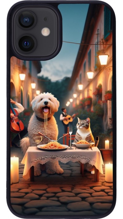 iPhone 12 mini Case Hülle - Silikon schwarz Valentin 2024 Hund & Katze Kerzenlicht