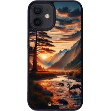 iPhone 12 mini Case Hülle - Silikon schwarz Tal Sonnenuntergang Hirsch Baum