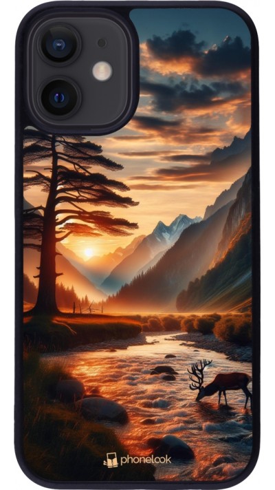 iPhone 12 mini Case Hülle - Silikon schwarz Tal Sonnenuntergang Hirsch Baum
