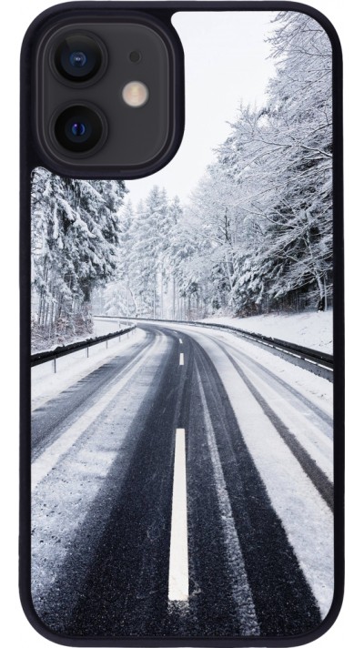 Coque iPhone 12 mini - Silicone rigide noir Winter 22 Snowy Road