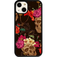 Coque iPhone 13 - Silicone rigide noir Skulls and flowers