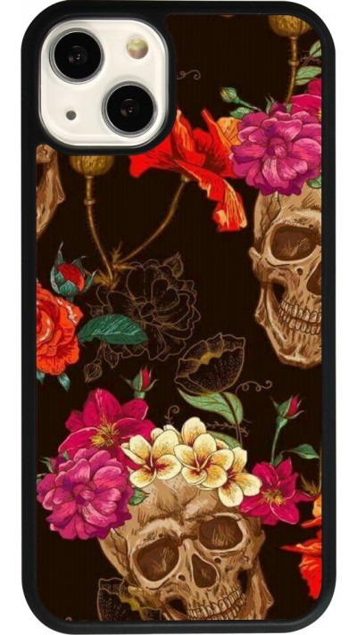 Coque iPhone 13 - Silicone rigide noir Skulls and flowers