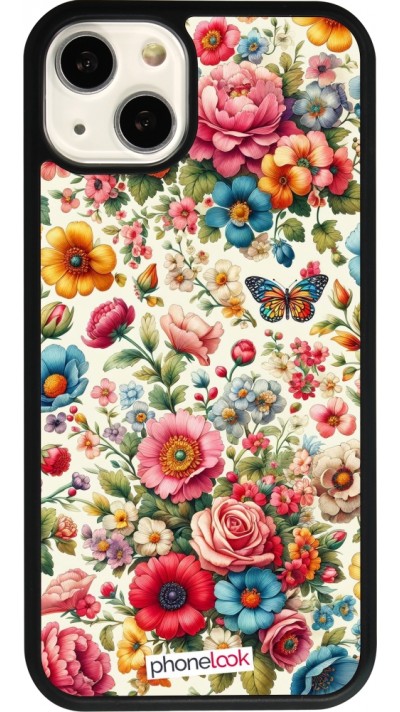Coque iPhone 13 - Silicone rigide noir Spring 25 printemps fleuri