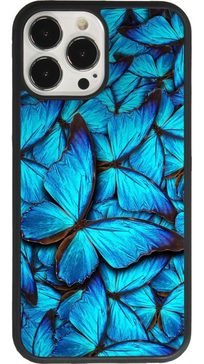 Coque iPhone 13 Pro Max - Silicone rigide noir Papillon - Bleu