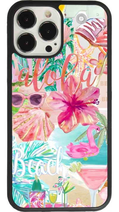 Coque iPhone 13 Pro Max - Silicone rigide noir Preppy Collage Aloha