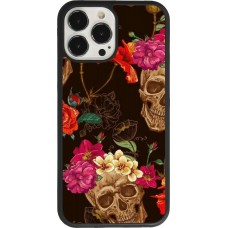 Coque iPhone 13 Pro Max - Silicone rigide noir Skulls and flowers