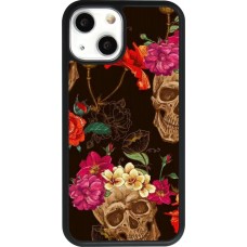 Hülle iPhone 13 mini - Silikon schwarz Skulls and flowers