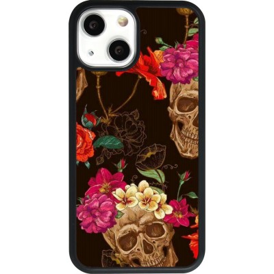 Hülle iPhone 13 mini - Silikon schwarz Skulls and flowers