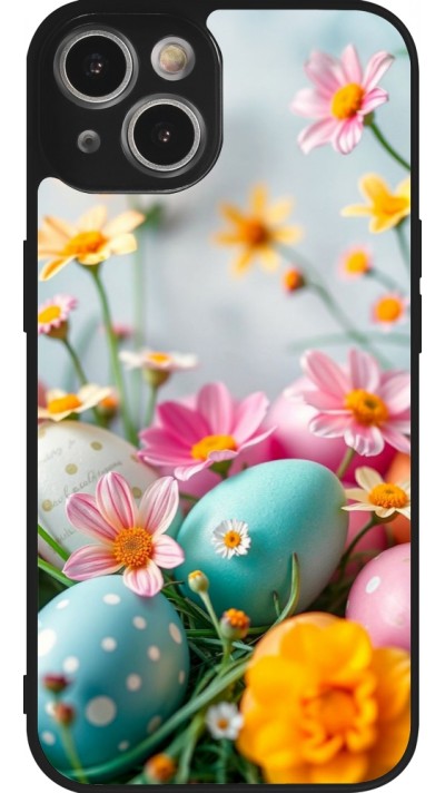 iPhone 14 Case Hülle - Silikon schwarz Easter 2026 Eggs with flowers