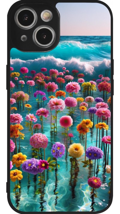 iPhone 14 Case Hülle - Silikon schwarz Blumenmeer Wellen