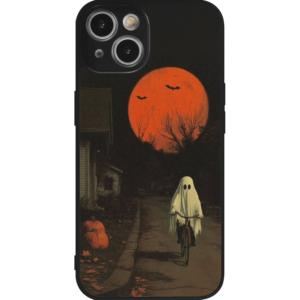iPhone 14 Case Hülle - Silikon schwarz Halloween 2025 Ghost on a bicycle
