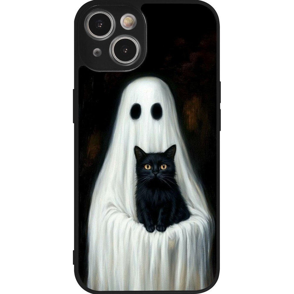 iPhone 14 Case Hülle - Silikon schwarz Halloween 2025 Ghost with black cat
