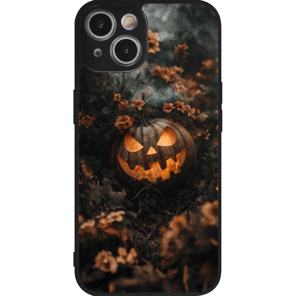 iPhone 14 Case Hülle - Silikon schwarz Halloween 2025 Pumpkin with flowers