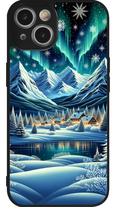 iPhone 14 Case Hülle - Silikon schwarz Verschneites Bergdorf am See in der Nacht