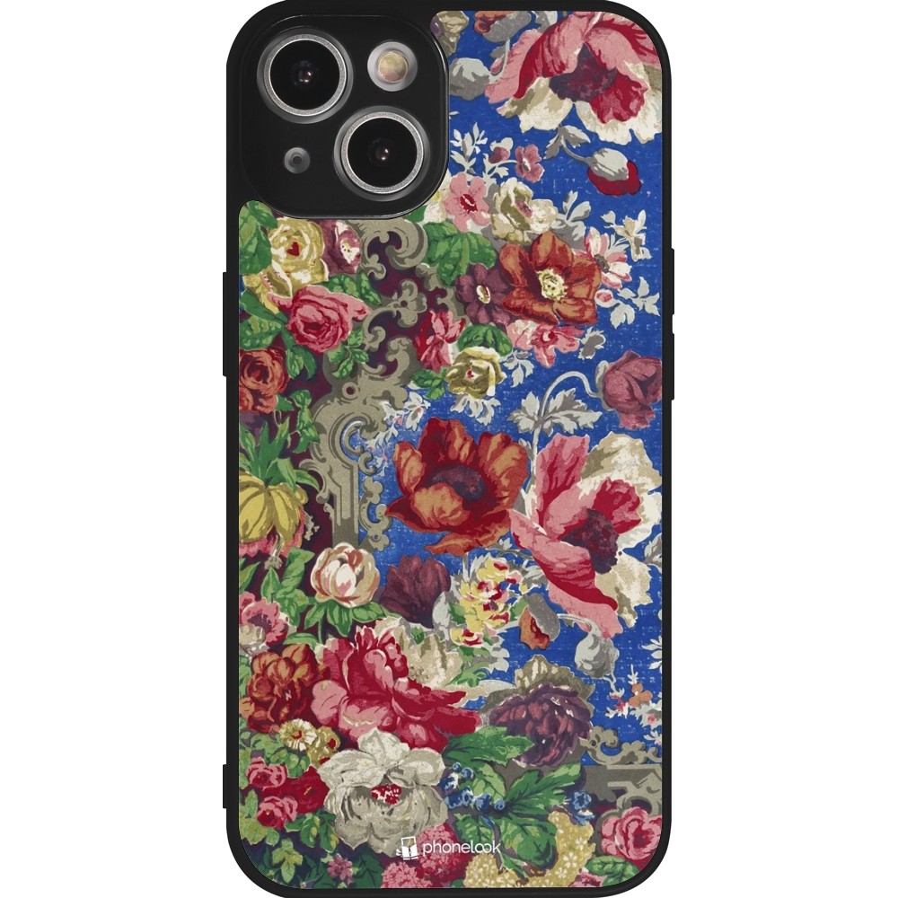 iPhone 14 Case Hülle - Silikon schwarz Vintage Art Flowers