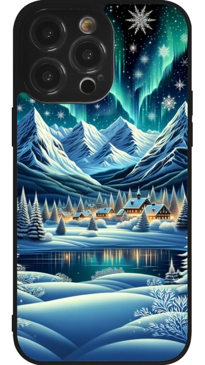 iPhone 14 Pro Max Case Hülle - Silikon schwarz Verschneites Bergdorf am See in der Nacht