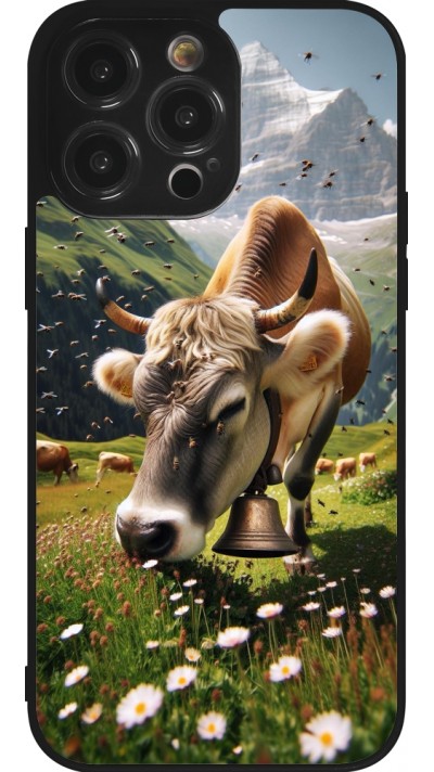Coque iPhone 14 Pro Max - Silicone rigide noir Vache montagne Valais