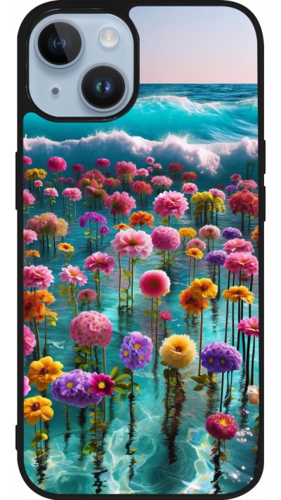 Coque iPhone 15 - Silicone rigide noir Flower sea waves