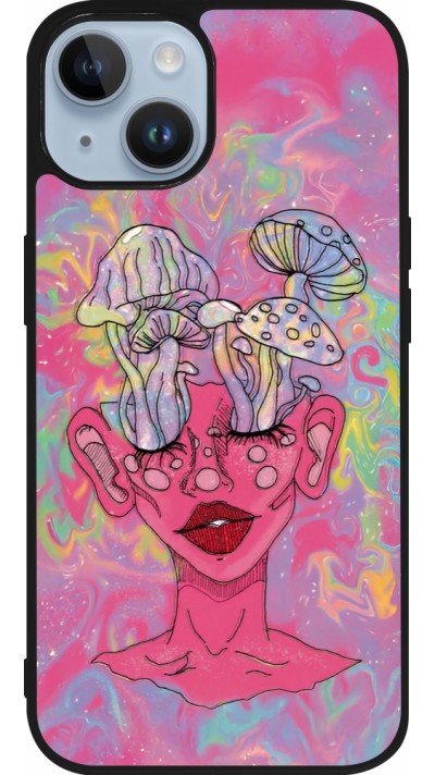 Coque iPhone 15 - Silicone rigide noir Psychedelic pink mushroom